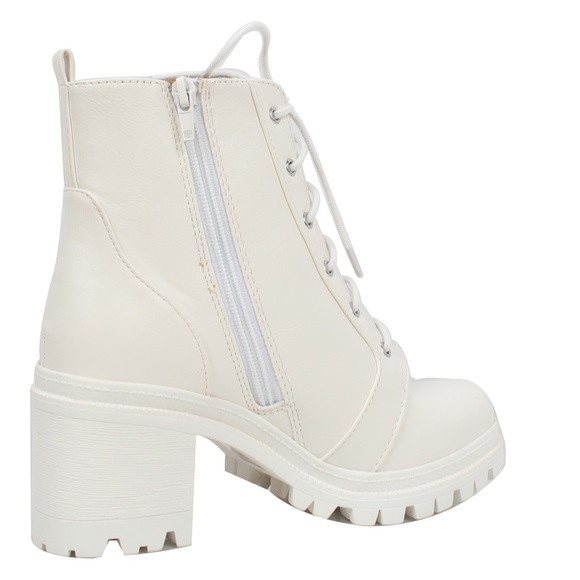 White Lace Up Combat Block Heel Ankle Bootie - Picture 4 of 5